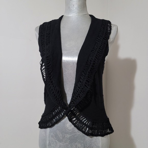 Cache vintage y2k Boho Crochet open cardigan vest crop black S - Picture 4 of 8